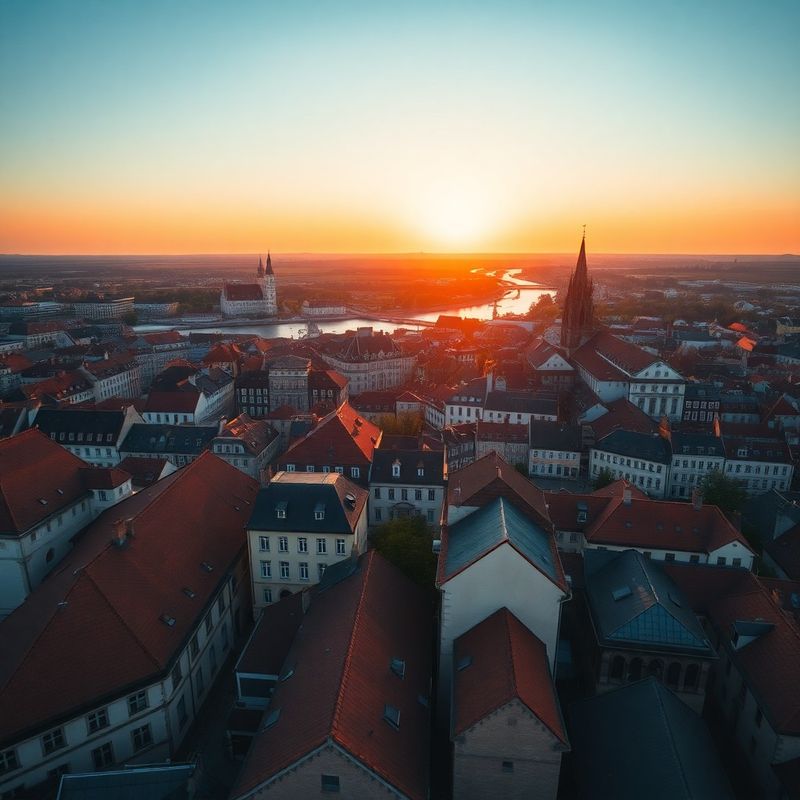 Panorama Wrocławia o zachodzie słońca — widok z lotu ptaka na dachy i Odrę