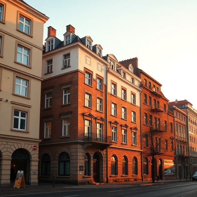 Zabytkowa kamienica z cegły i tynku przy ulicy Świdnickiej we Wrocławiu, oświetlona ciepłym światłem złotej godziny