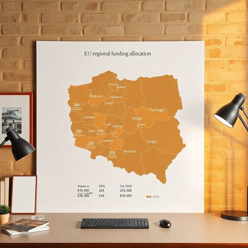 Widok z góry na drukowaną mapę Polski z naniesionymi danymi o alokacji funduszy unijnych